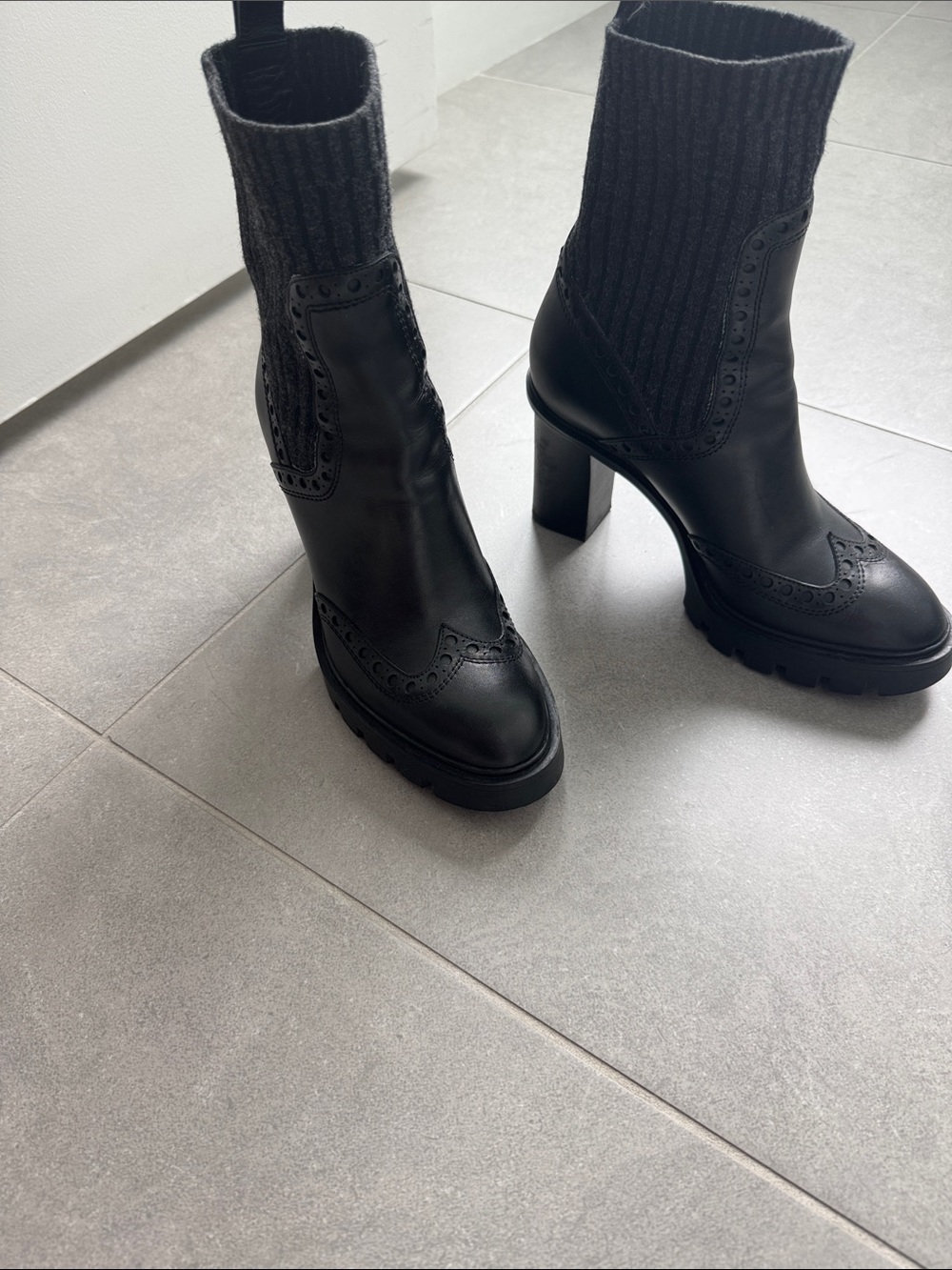 Santoni Black Leather & Knit Block Heel Bootie, 75mm